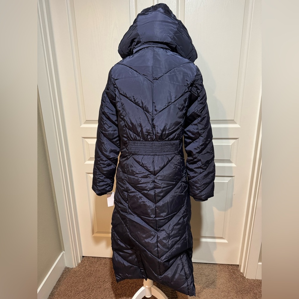 NWT. Steve Madden Navy Blue Hooded Long Puffer Coat Size XS - Picture 2 of 7